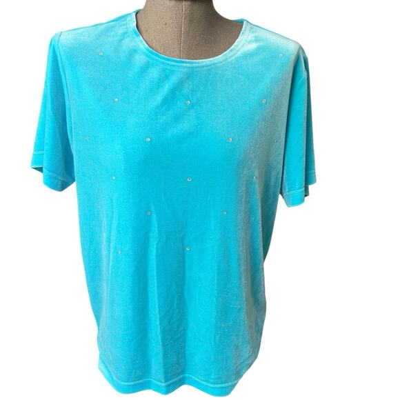 Quacker Factory Velour Top Women's Size Small Blue Beaded Short Sleeve T-Shirt - Picture 1 of 5